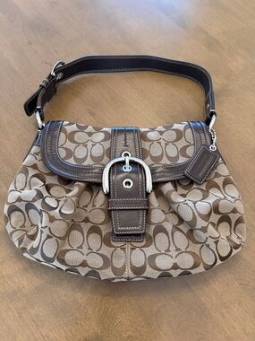 Coach Tan and Brown Signature Canvas Shoulder Bag with Buckle Flap